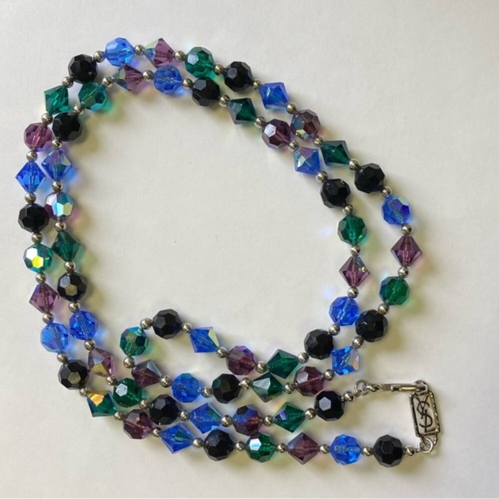 YVES SAINT LAURENT YSL NECKLACE VINTAGE LONG STRAND FACETED CRYSTALS BLUE PURPLE